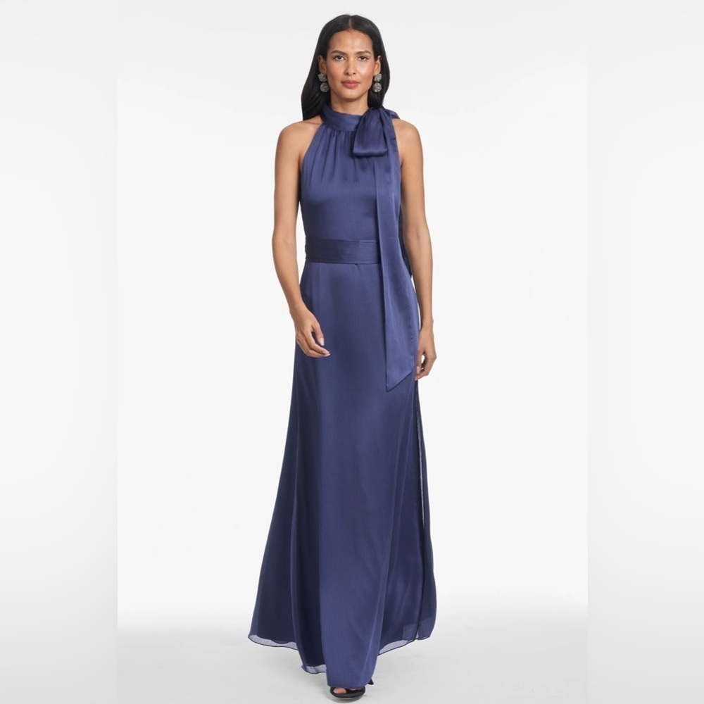 Sachin Babi Kayla Gown Deep Cobalt Tie Neck Maxi Crinkle Dress Size 10 B1569